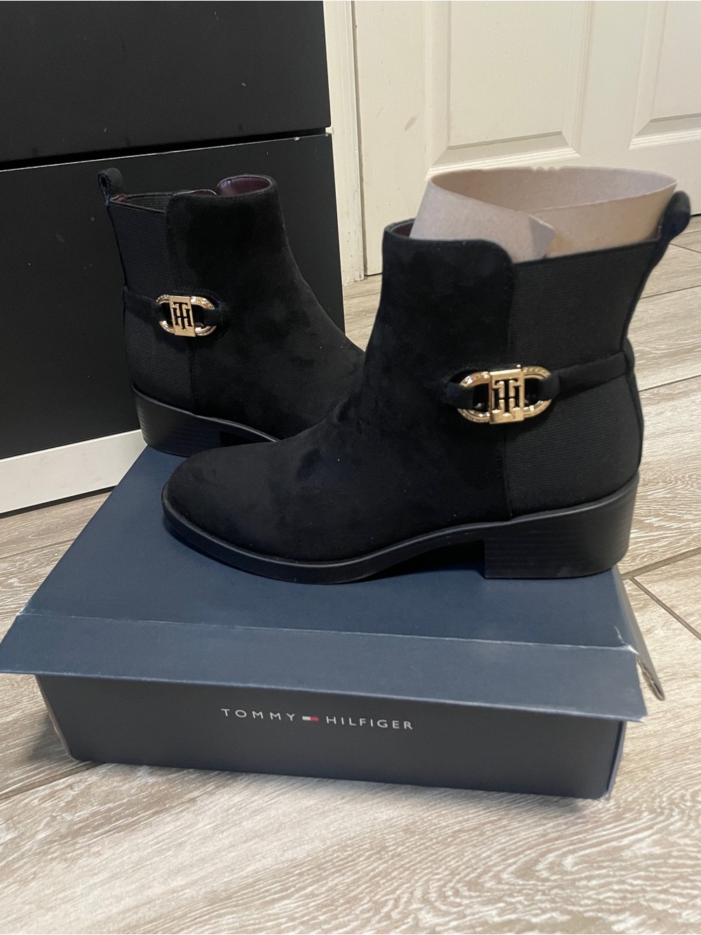 Tommy Hilfiger Black Suede Ankle Booties with Gold Logo Accent